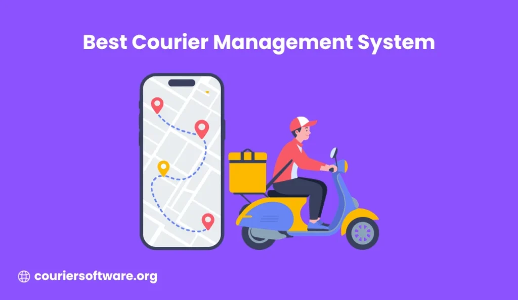 Best Courier Management System 2026 featured image: illustration of a delivery driver on a scooter beside a smartphone showing a route map, purple background, couriersoftware.org branding
