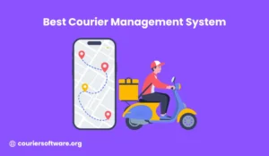 Best Courier Management System 2026 featured image: illustration of a delivery driver on a scooter beside a smartphone showing a route map, purple background, couriersoftware.org branding
